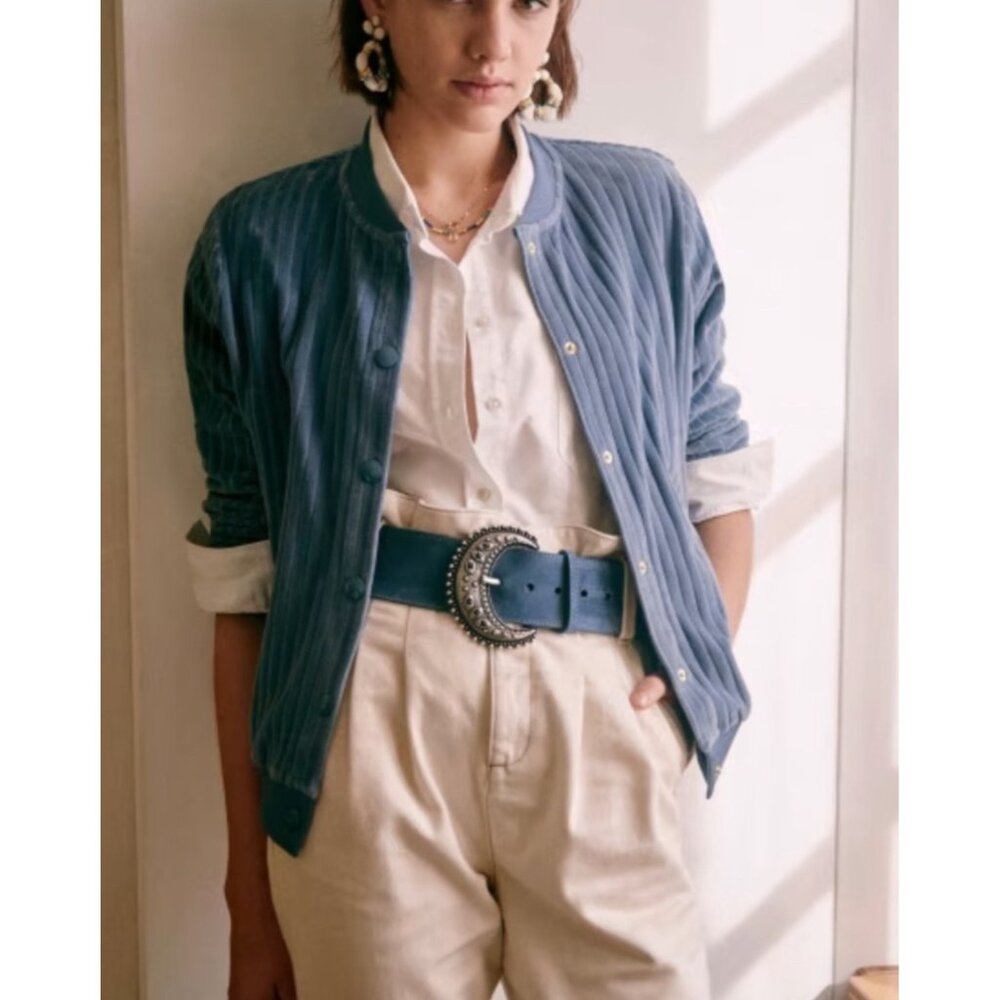 Sezane Blouson Iris cotton velvet jacket vintage blue SZM bust 43in